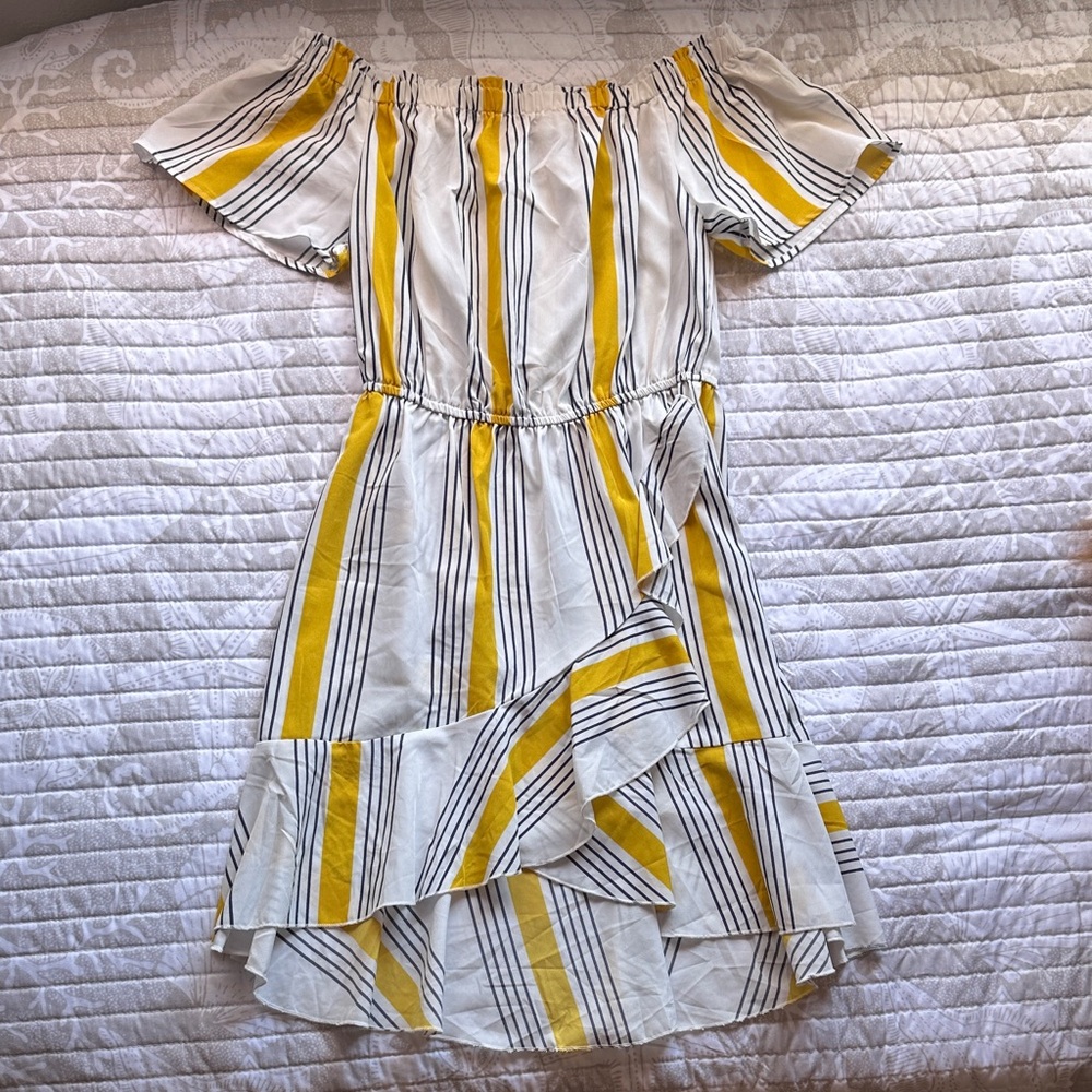 Striped Off-Shoulder Dress in Yellow and White